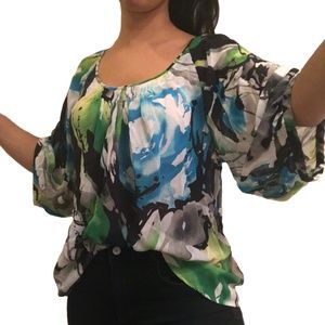 Express Modern Blue Green Sheer Top Kimono Sleeve